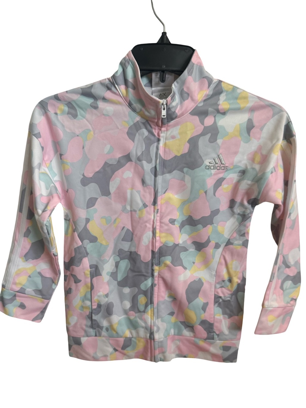NWT Adidas Girls Full Zip Track Soft Pastel Pink/Grey/Yellow Camo Print Jacket